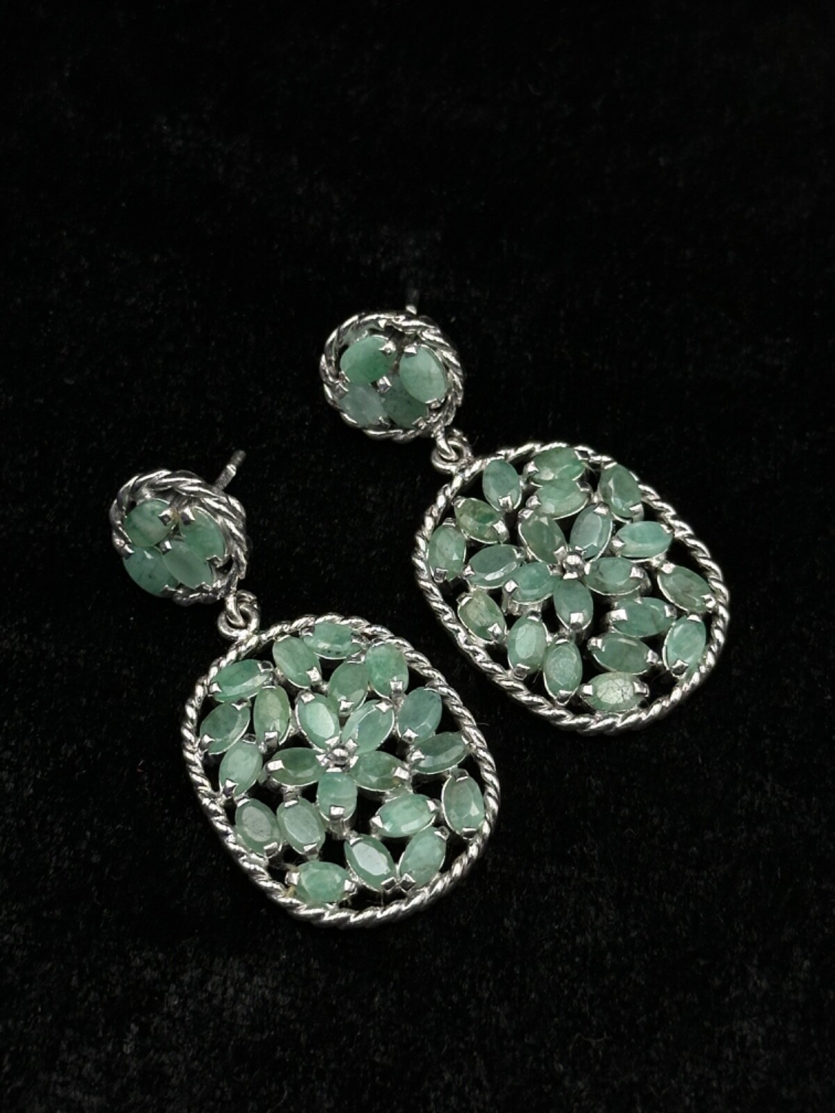 Unique Vintage Victorian Faceted Emerald Gemstone Sterling 92.5 Silver Earrings