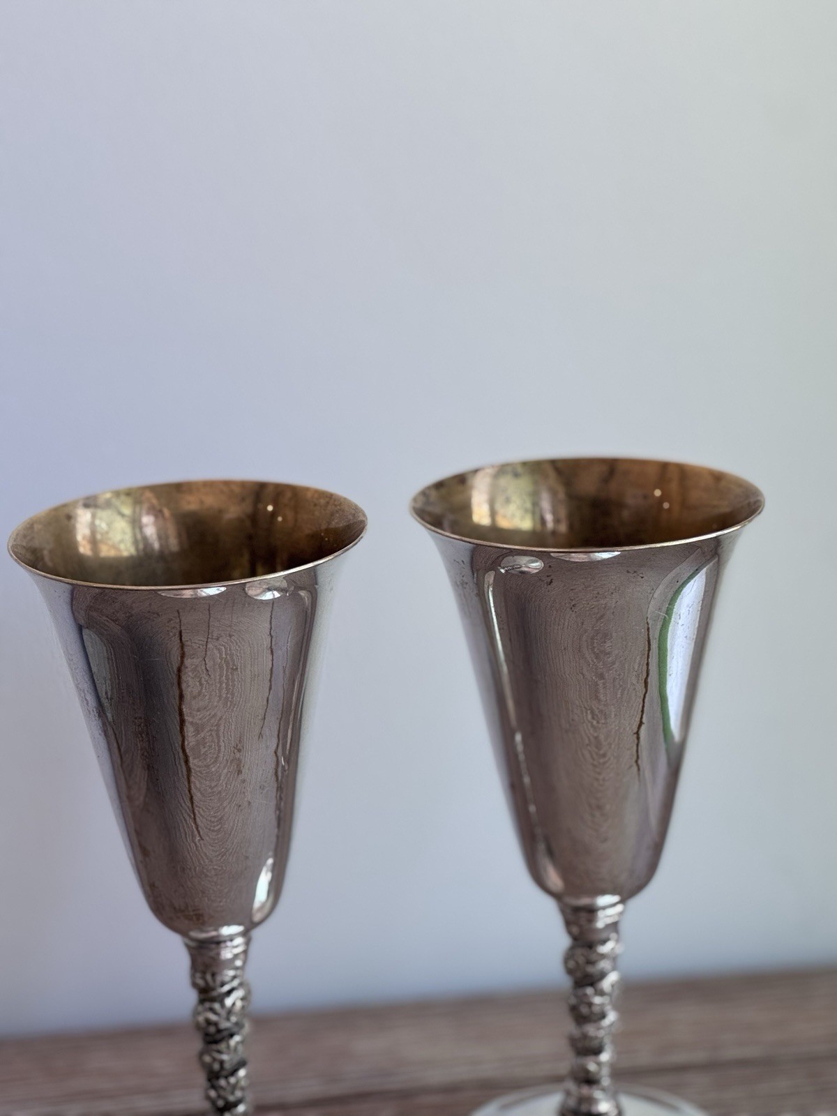 Vintage IFS Ltd Silverplate Wine Goblets Braided Vine Stem Spain Pair AS-IS Wear