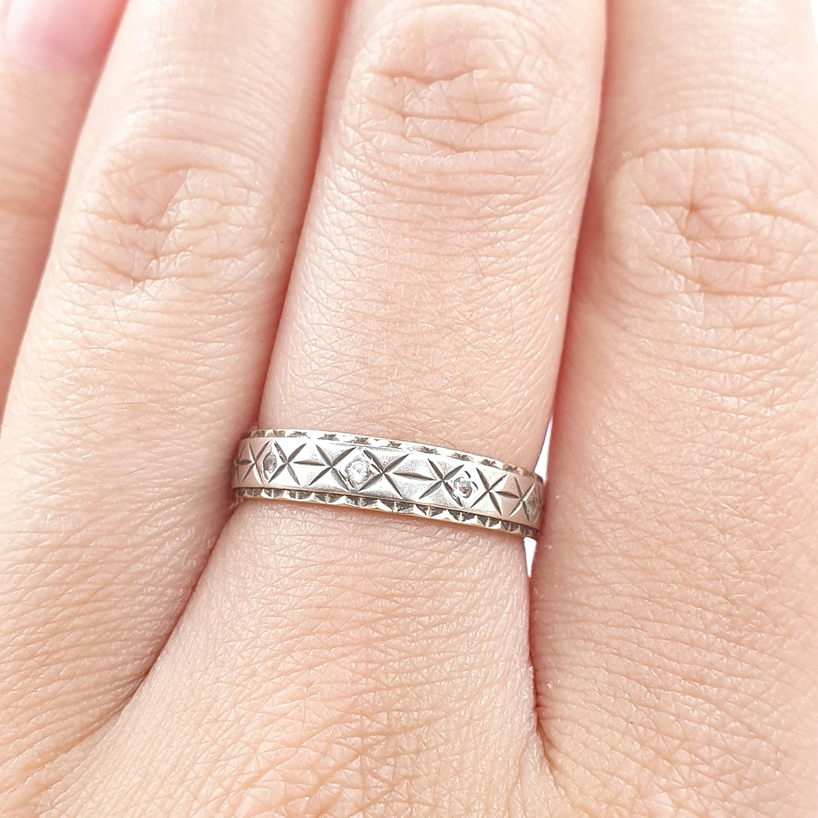 Antique 9ct Gold & Solid Silver White Spinel Eternity Ring X Pattern Vintage