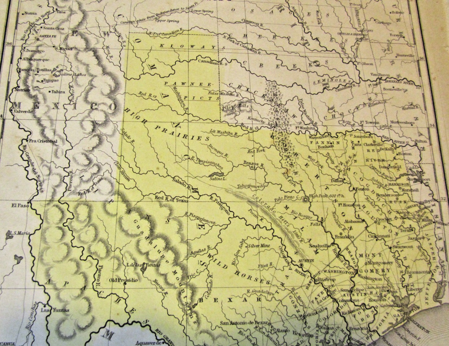 1846 Mitchell Texas Map Wild Horses High Prairies Rio Grande Del Norte Border
