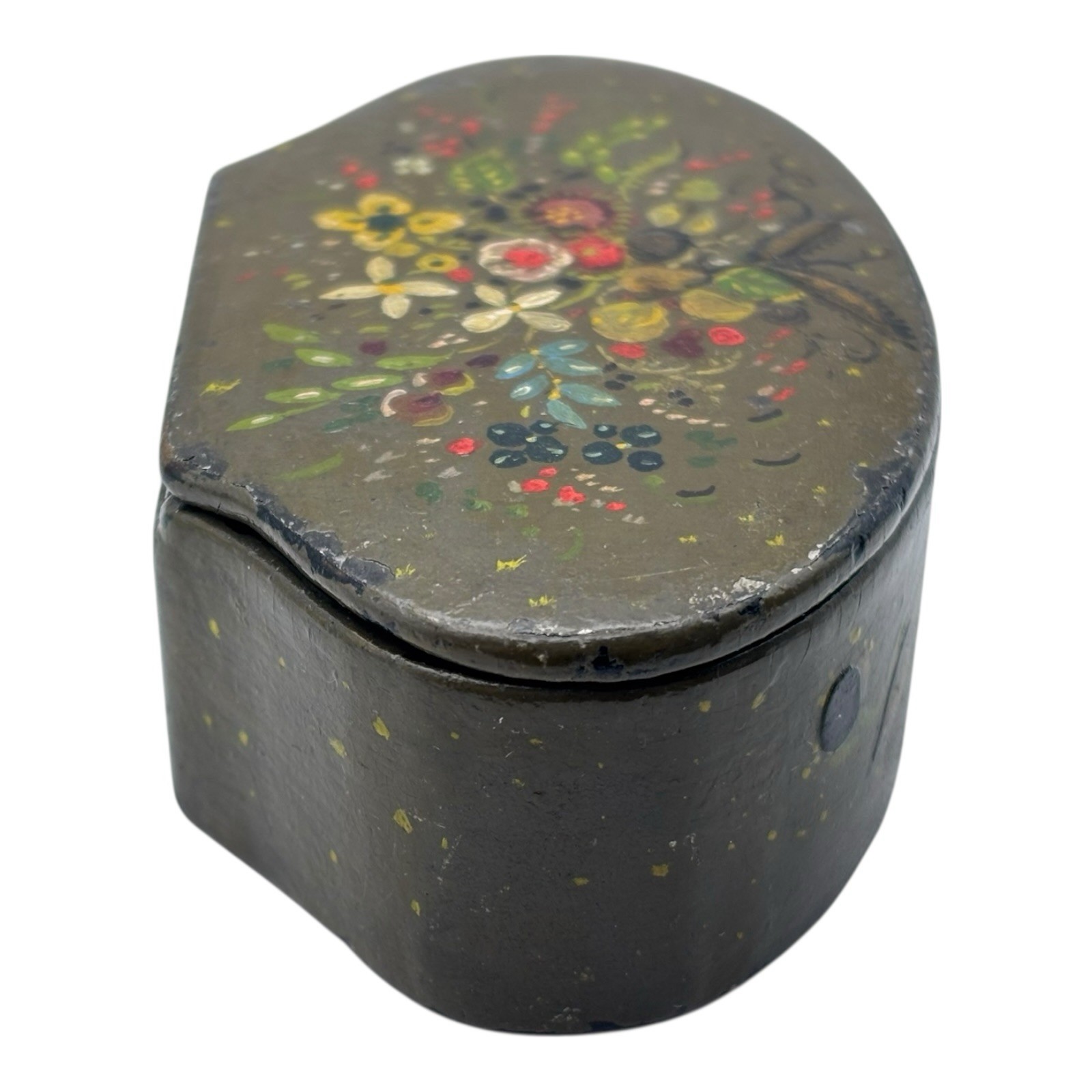 Antique Small Lidded Lacquer Paper Mache Snuff Box Hand Painted Flowers Floral