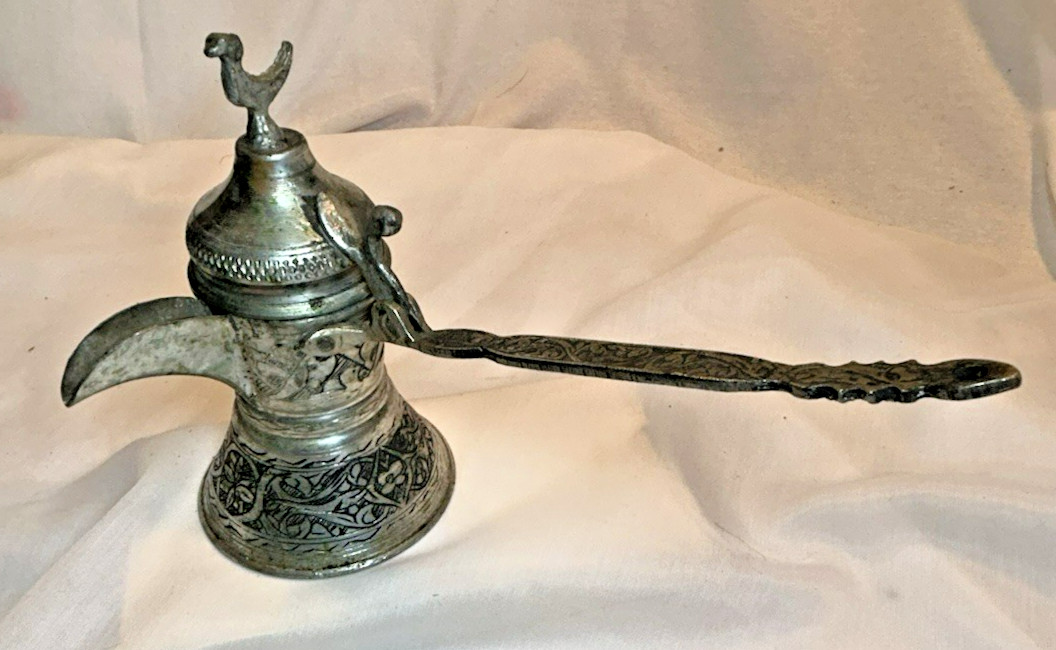 Dallah Middle Eastern Coffee Pot Small Bird Top Etched Vintage 6″ high