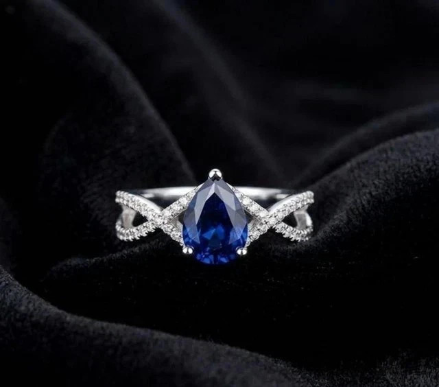 2 Ct Pear Cut Lab Created Blue Sapphire 14k White Gold Plated Wedding Band Ring