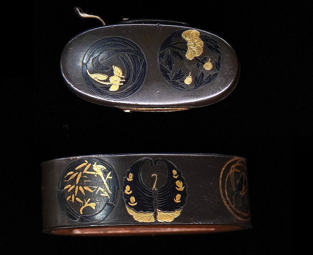 Edo Japan antique shibuichi clan Fuchi Kashira sword fittings katana armor
