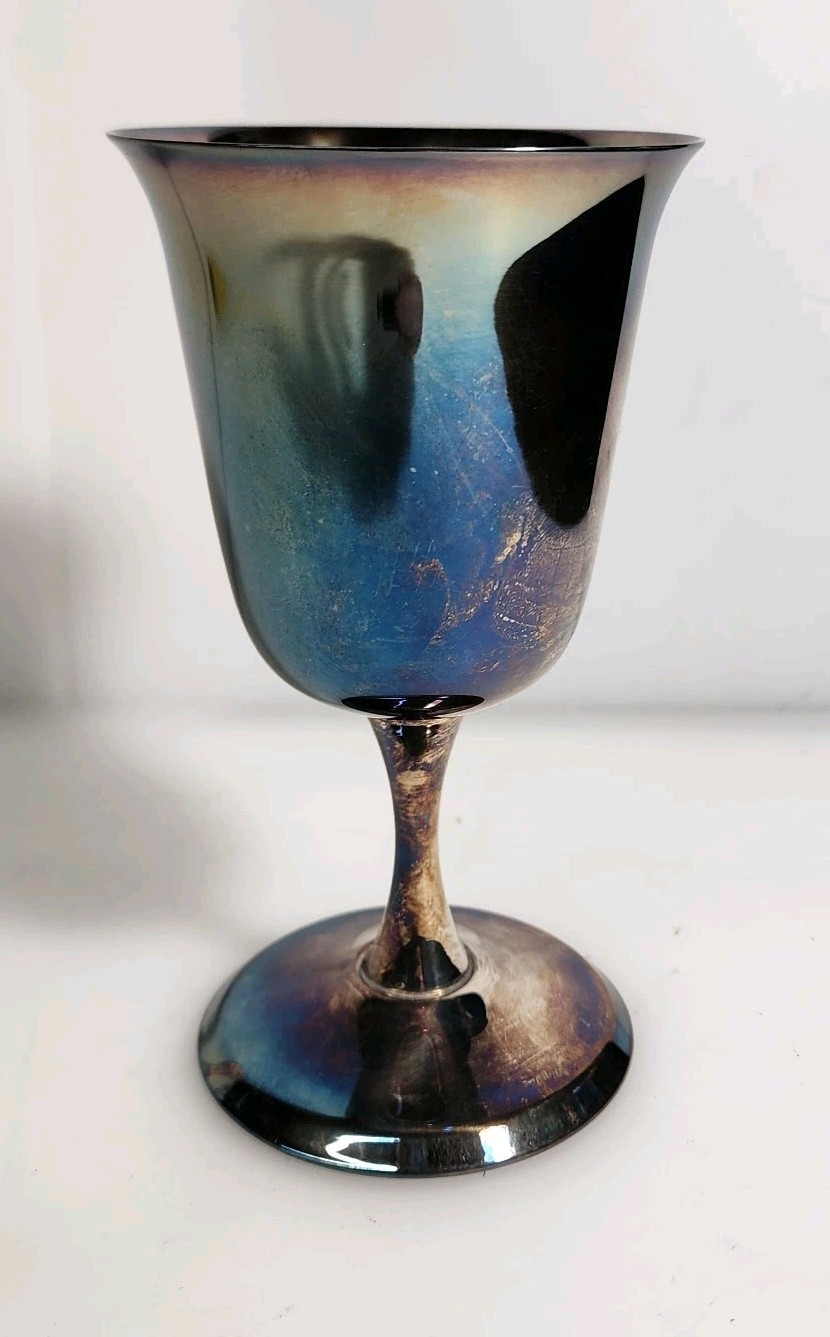 Silver Plate Goblet 6” Medieval Style Tarnished Patina Blue Hue