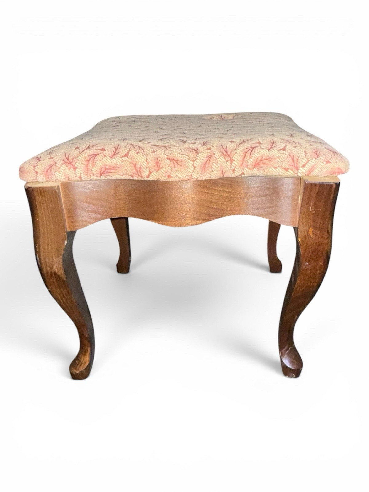 Vintage Mersman Queen Anne Footstool Pink Floral Upholstered Stool