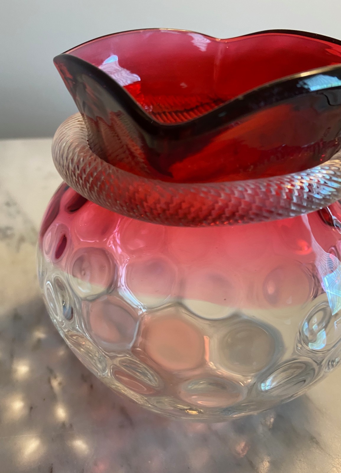 Small Antique Cranberry Coin Dot Pitcher With Twist Rope Handle c1840
