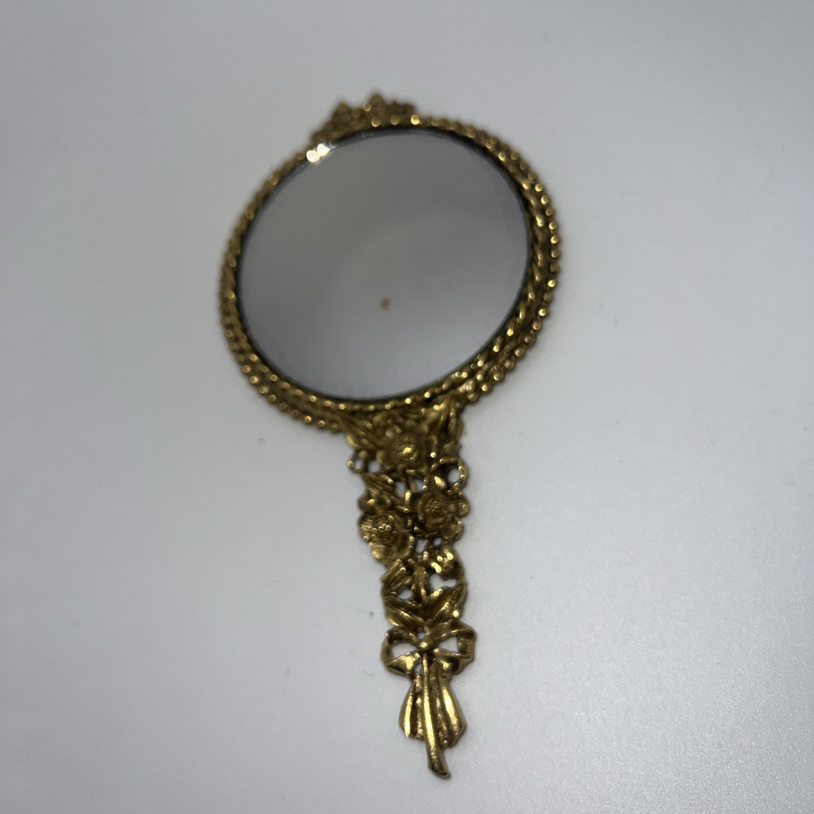 VTG Gold Plated Hand Mirror. HEAVY – 5 1/2″ LONG. Double Sided