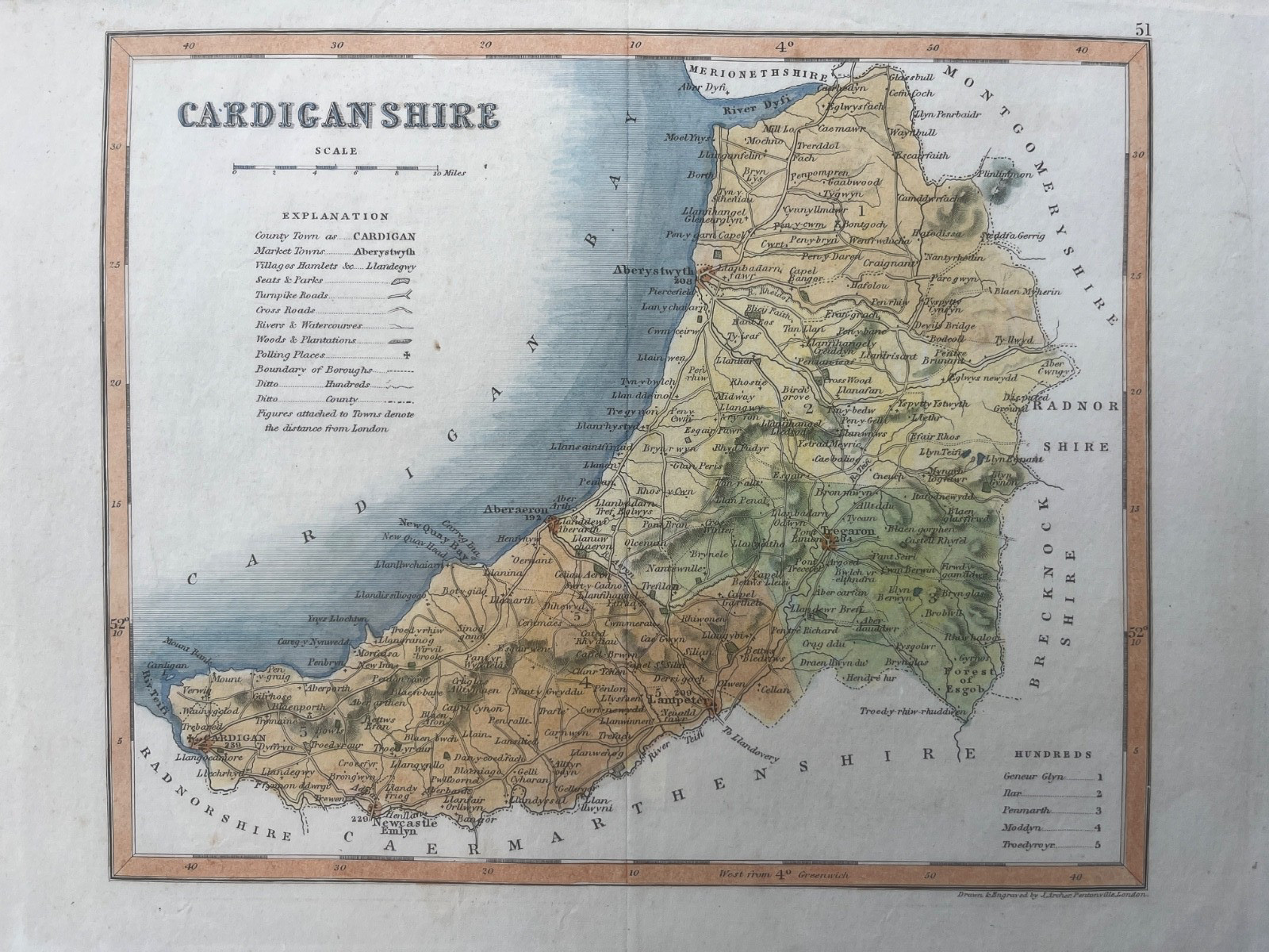 1850 Antique Map; Cardiganshire, Wales by Joshua Archer