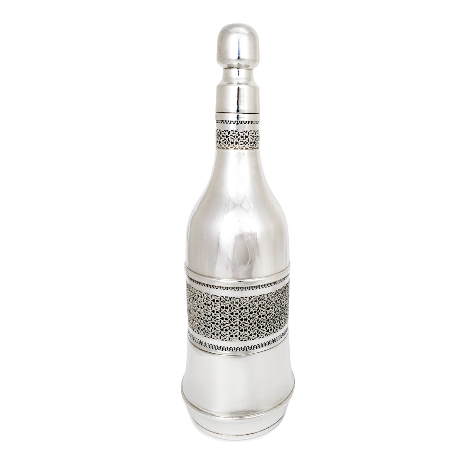 Vintage silver plated bottle sleeve, Arabesque scrolling lattice design, A.Segal