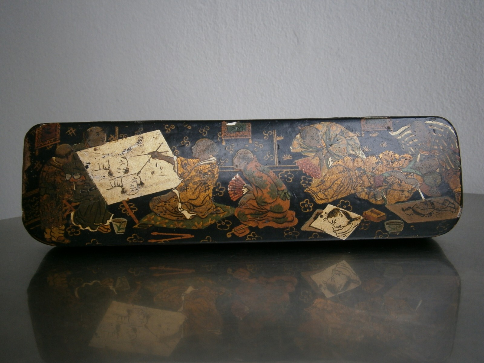 Boiled Cardboard Pencil Case Black Lacquer Japan Workshop Painting Asia Antique