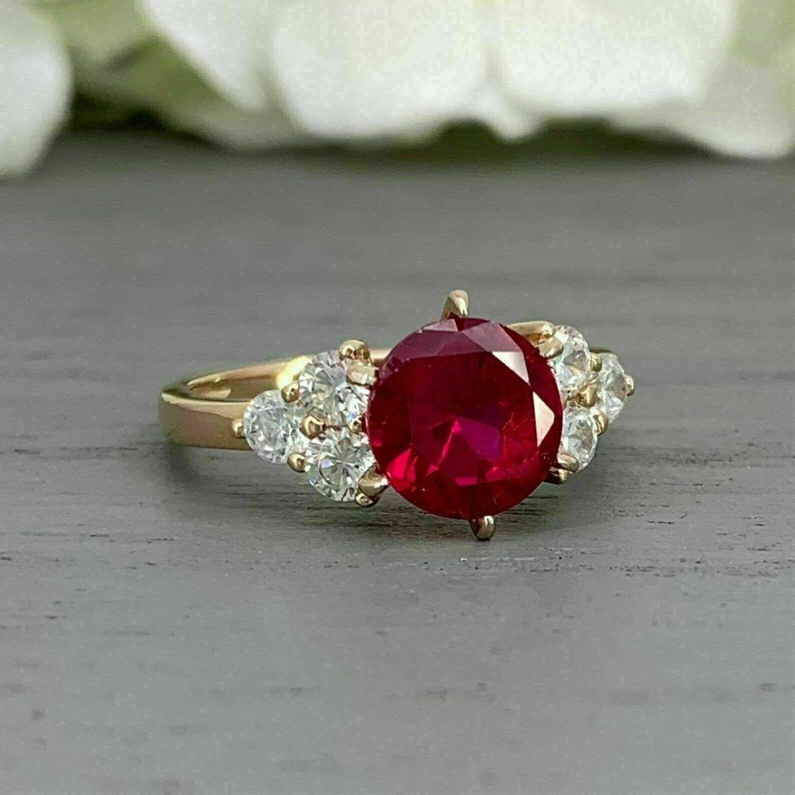 2.30 Ct Round Cut Natural Ruby And Diamond Ring 14K Yellow Gold Size 8
