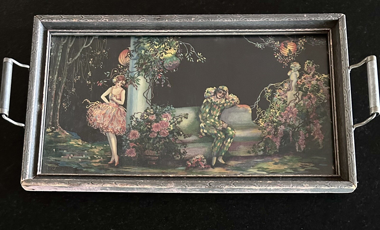 Tsanya Print Glass/Wood Tray Pierrot’s Lovers Quarrel Harlequin Scene 22″ x 12″