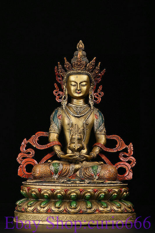 13″ Old Tibet Buddhism Copper Painting Amitayus longevity God Goddess Statue