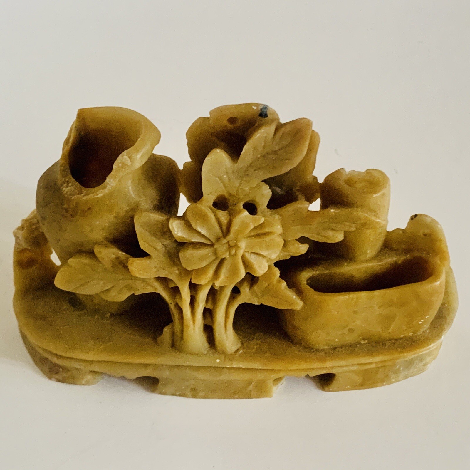 Antique Chinese Soapstone Hand Carved Flower Leaves Inkwell Planter Vase