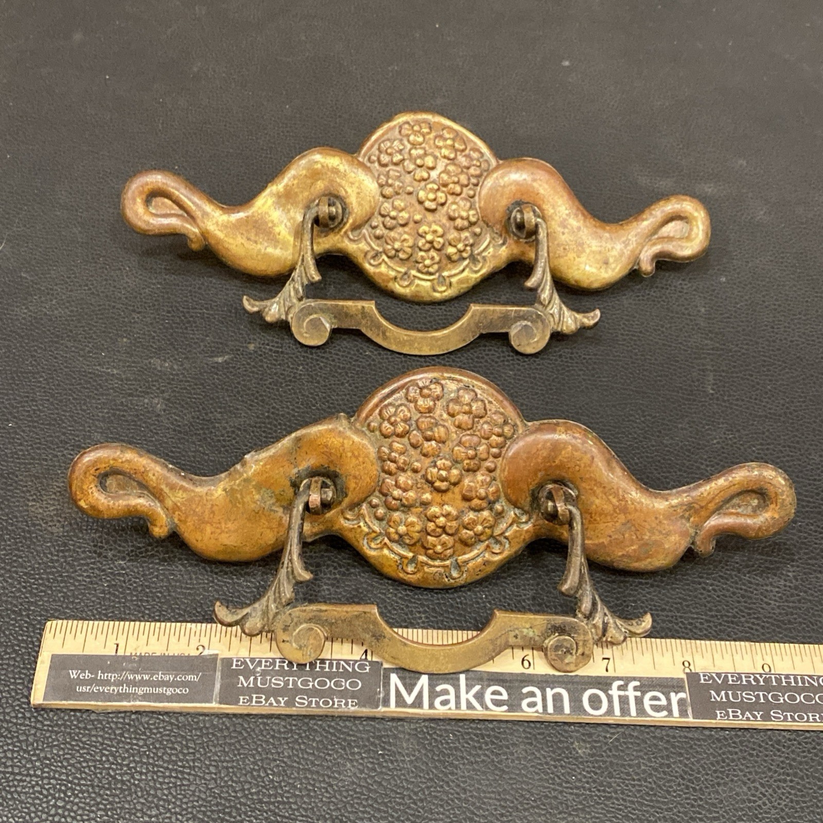Pair 2 Antique Victorian Art Nouveau Floral Victorian Ornate Dresser Handles 9”