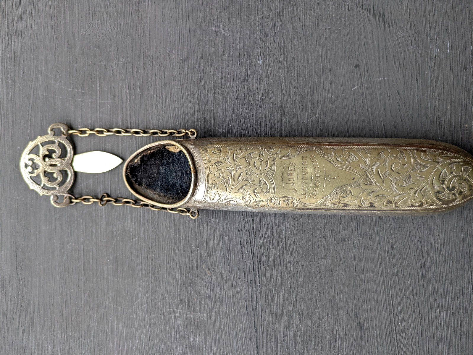 Antique silver plated engraved chatelaine spectacle case Trawsfynydd Wales