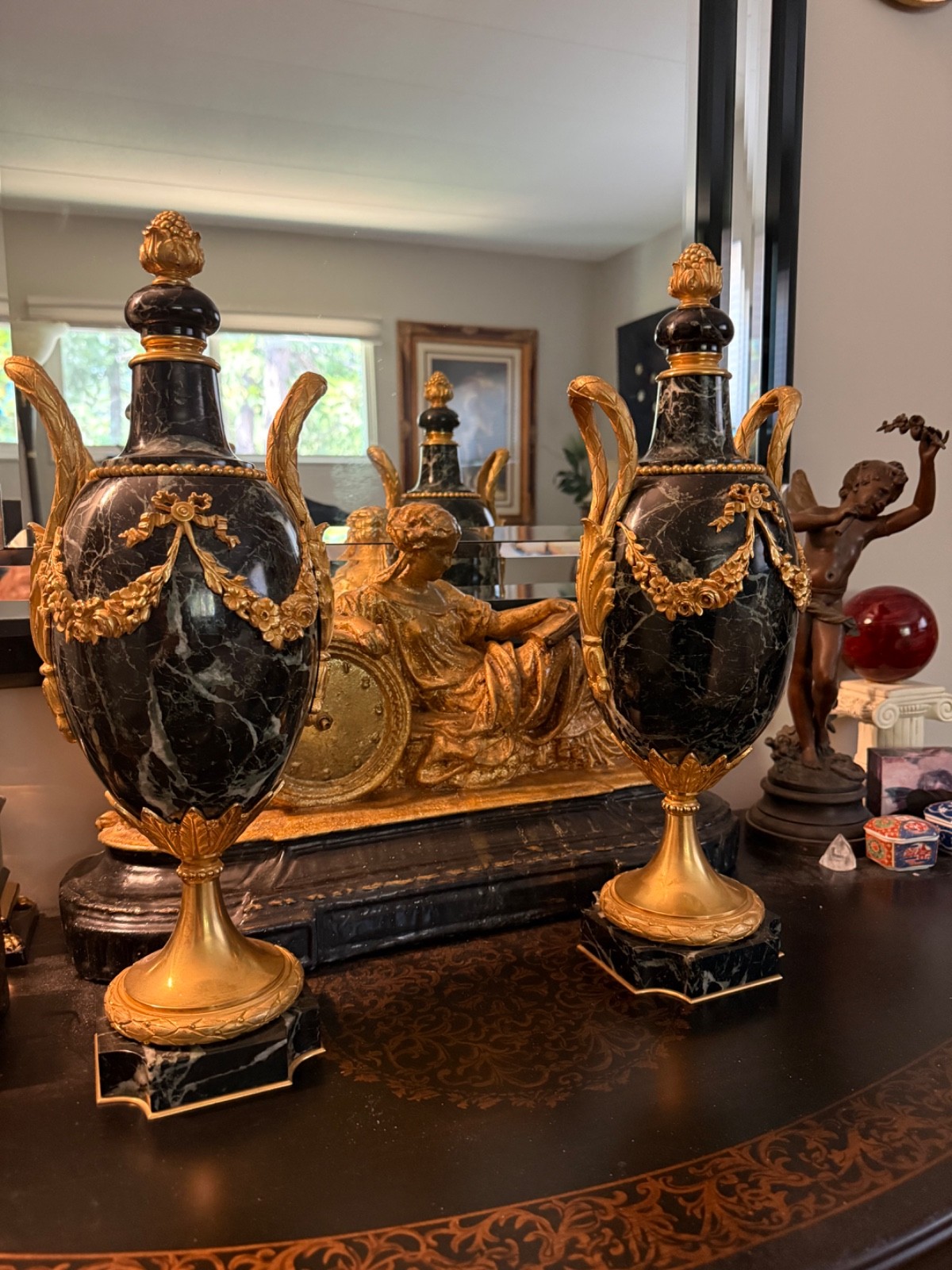 Pair Exceptional 1870 Dore Gilt Bronze French Louis XVI Verdi Marble Cassoletts