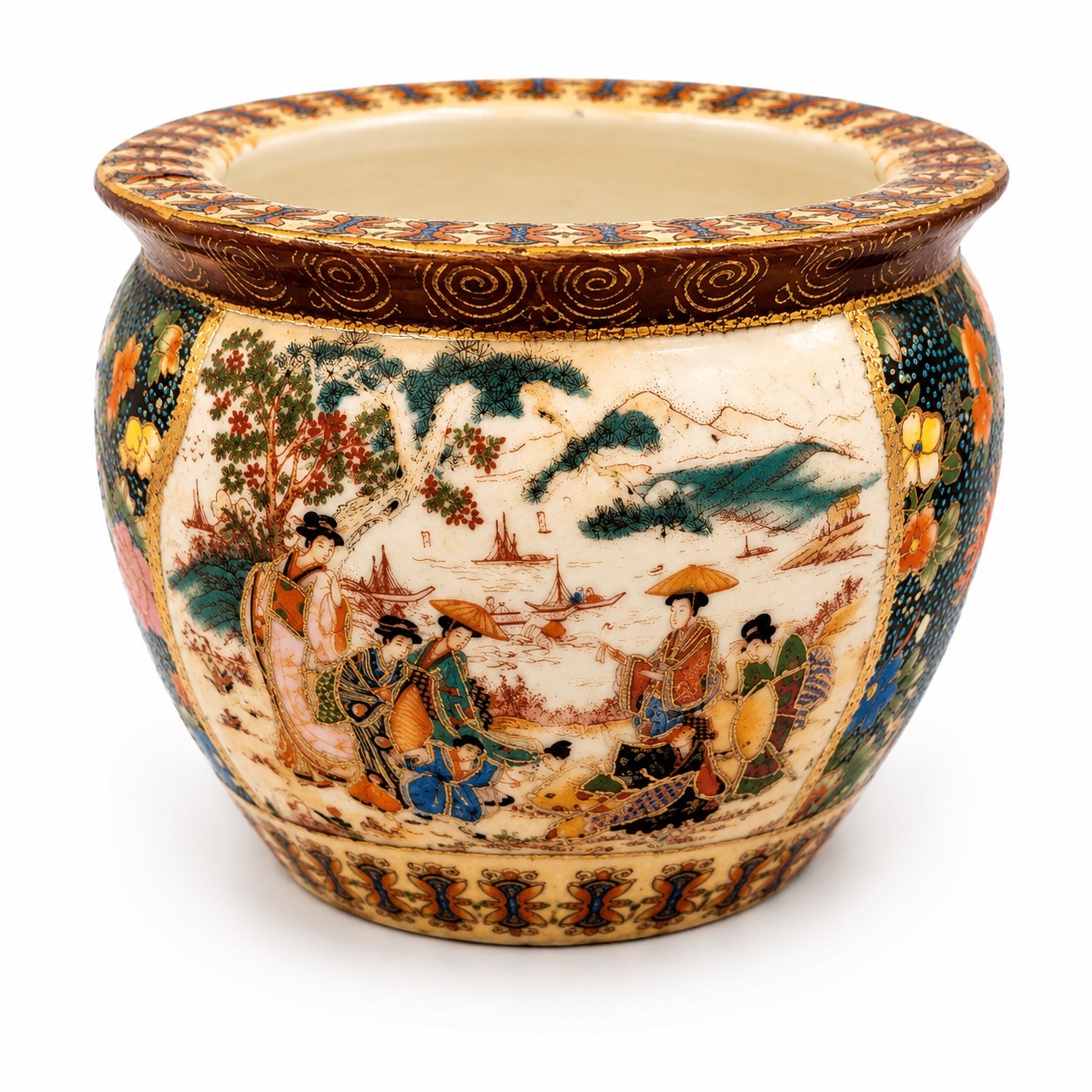 Vintage Chinese Satsuma Style Cache Pot Planter Hand Painted Floral 16cm