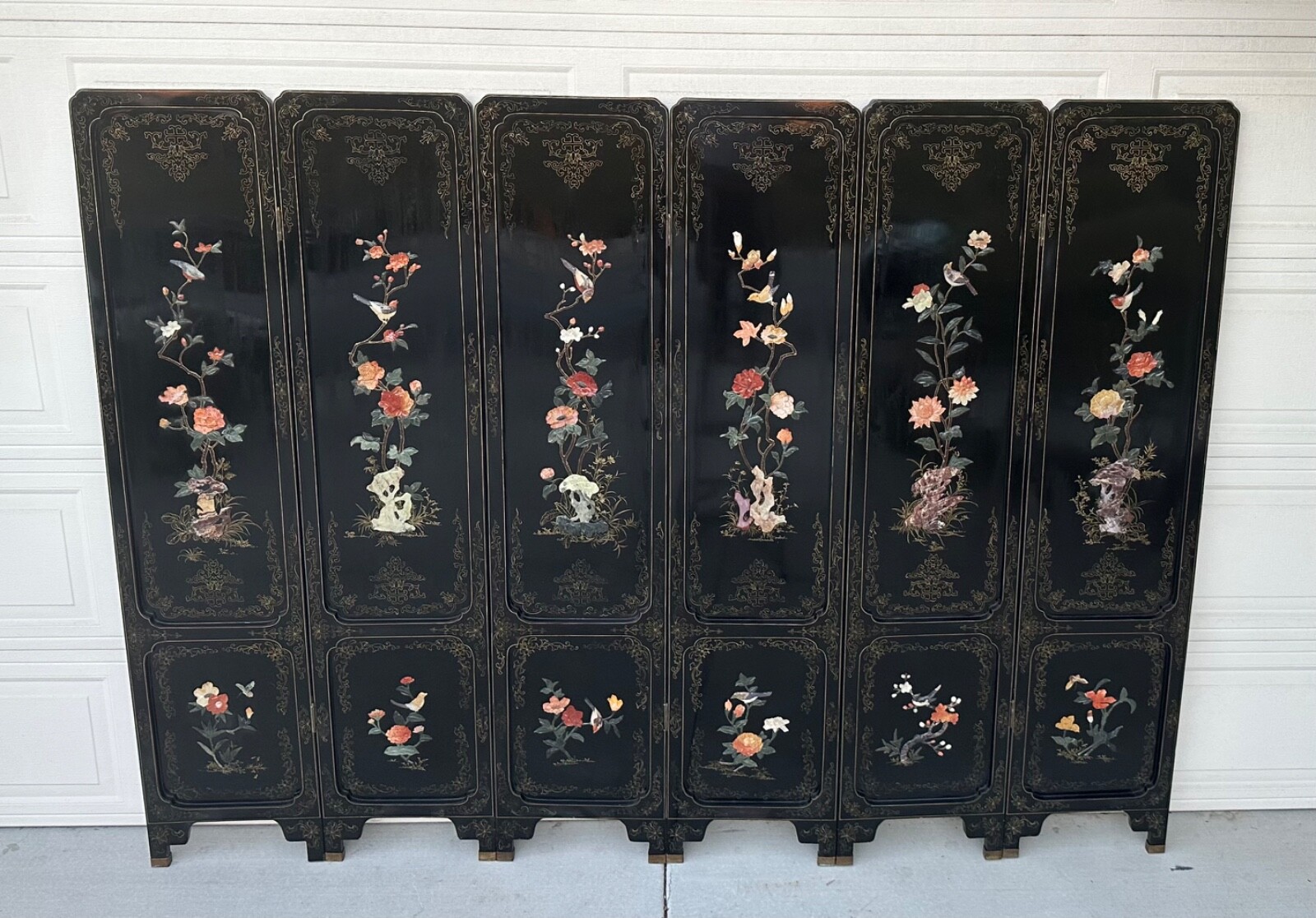 Large Six-Panel Chinese Hardstone & Lacquer Folding Screen Chinese, Early 20 C