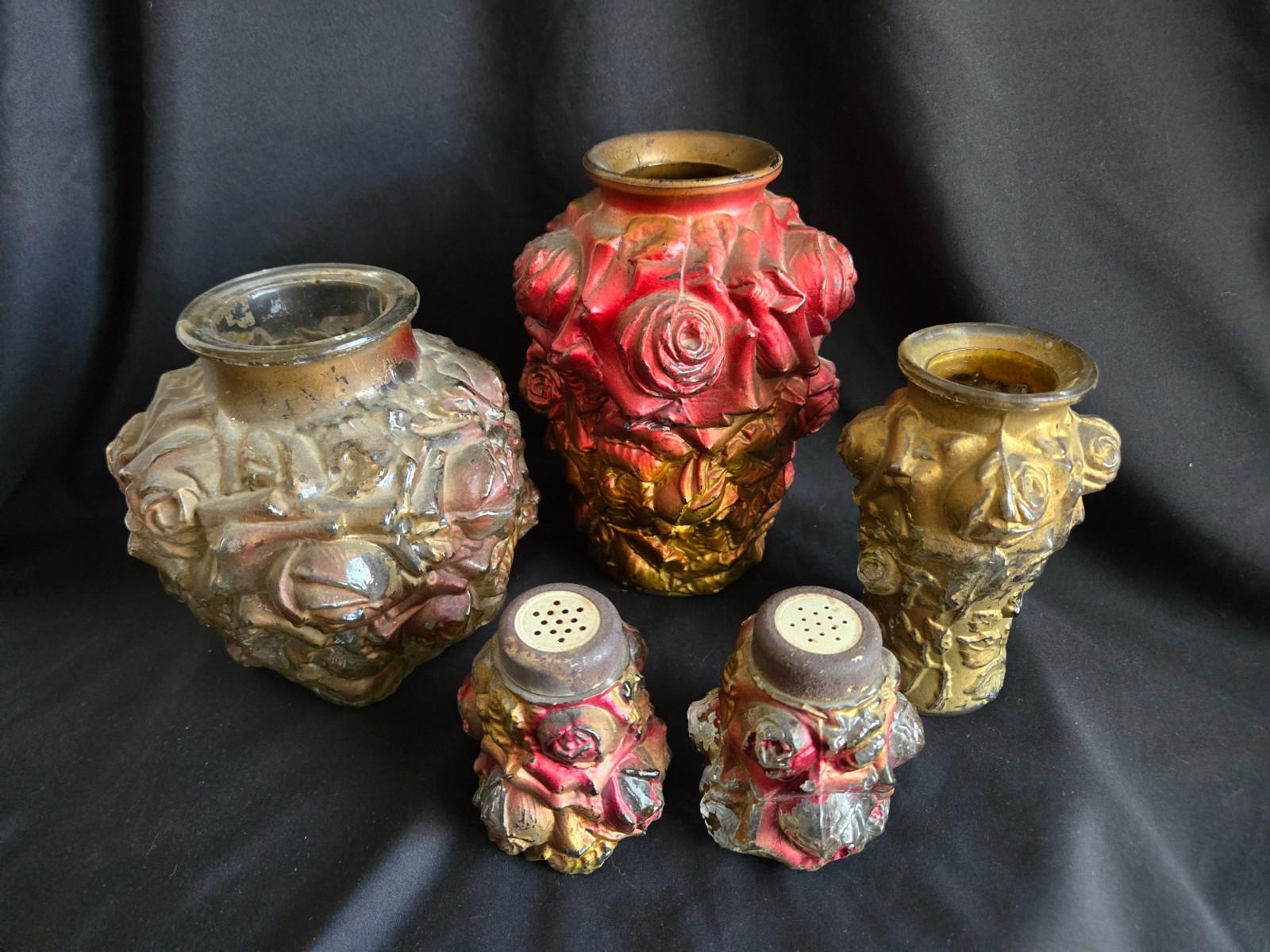 Antique Goofus Glass Vase & Shaker Set