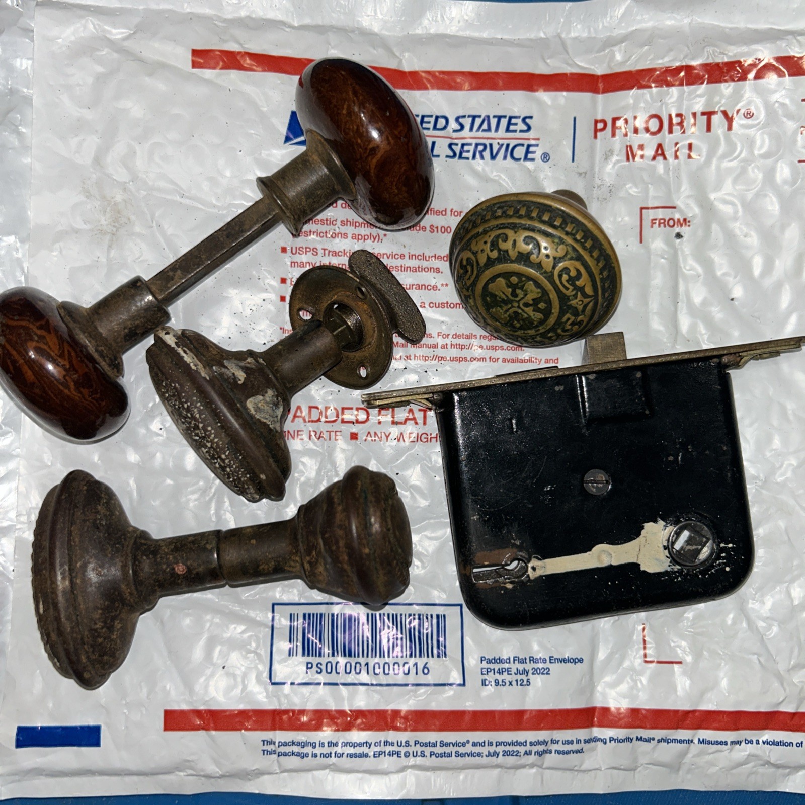Antique Interior Mortise Lock Handles Marble Wood Ornate Lot Door Knobs READ!