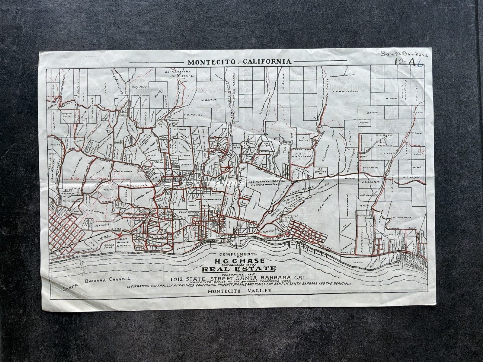Original 1924 Montecito, California Map Prominent Real Estate Advertising
