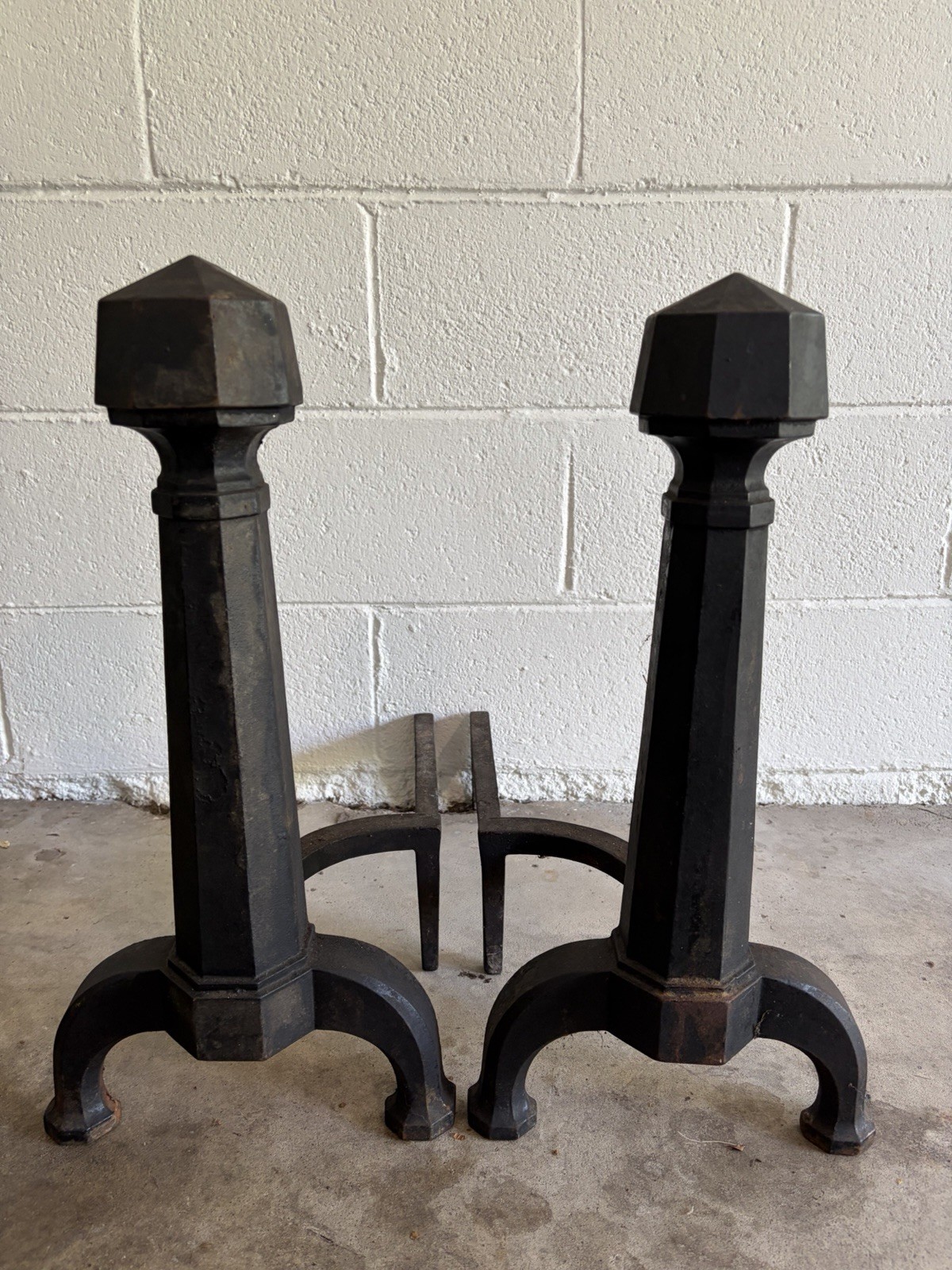 Vintage Antique Pair Victorian Cast Iron Fireplace Andirons Set Black