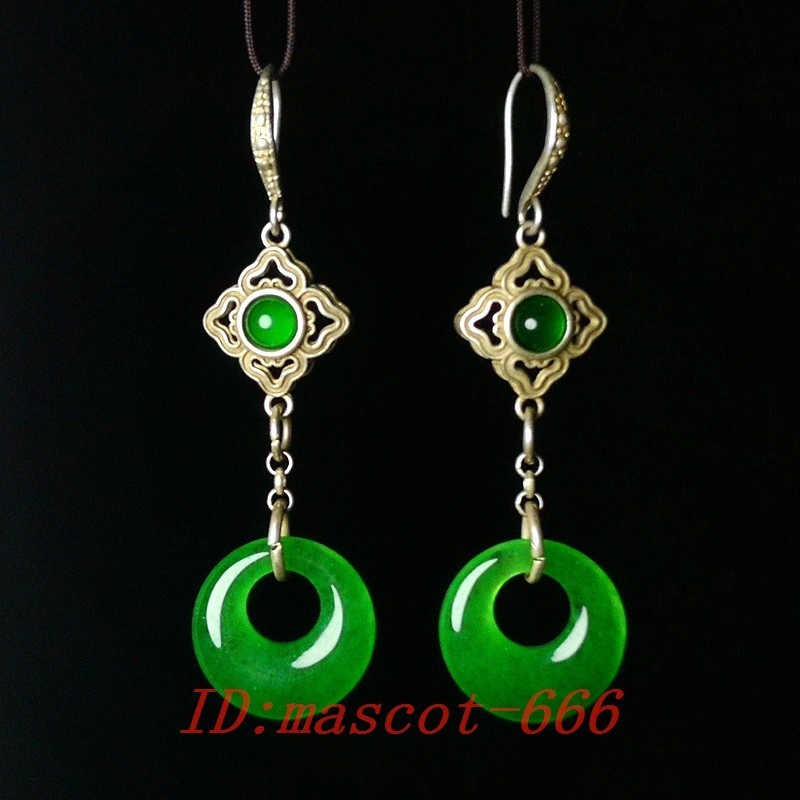 2.7in Chinese Tibet Silver Jadeite Jade Carving Earring earbob Pendant girl Gift