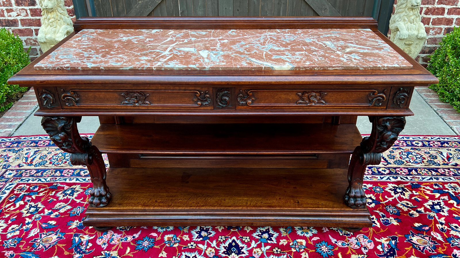 Antique French Gothic Server Sideboard Console Table 2-Tier Walnut Marble Top
