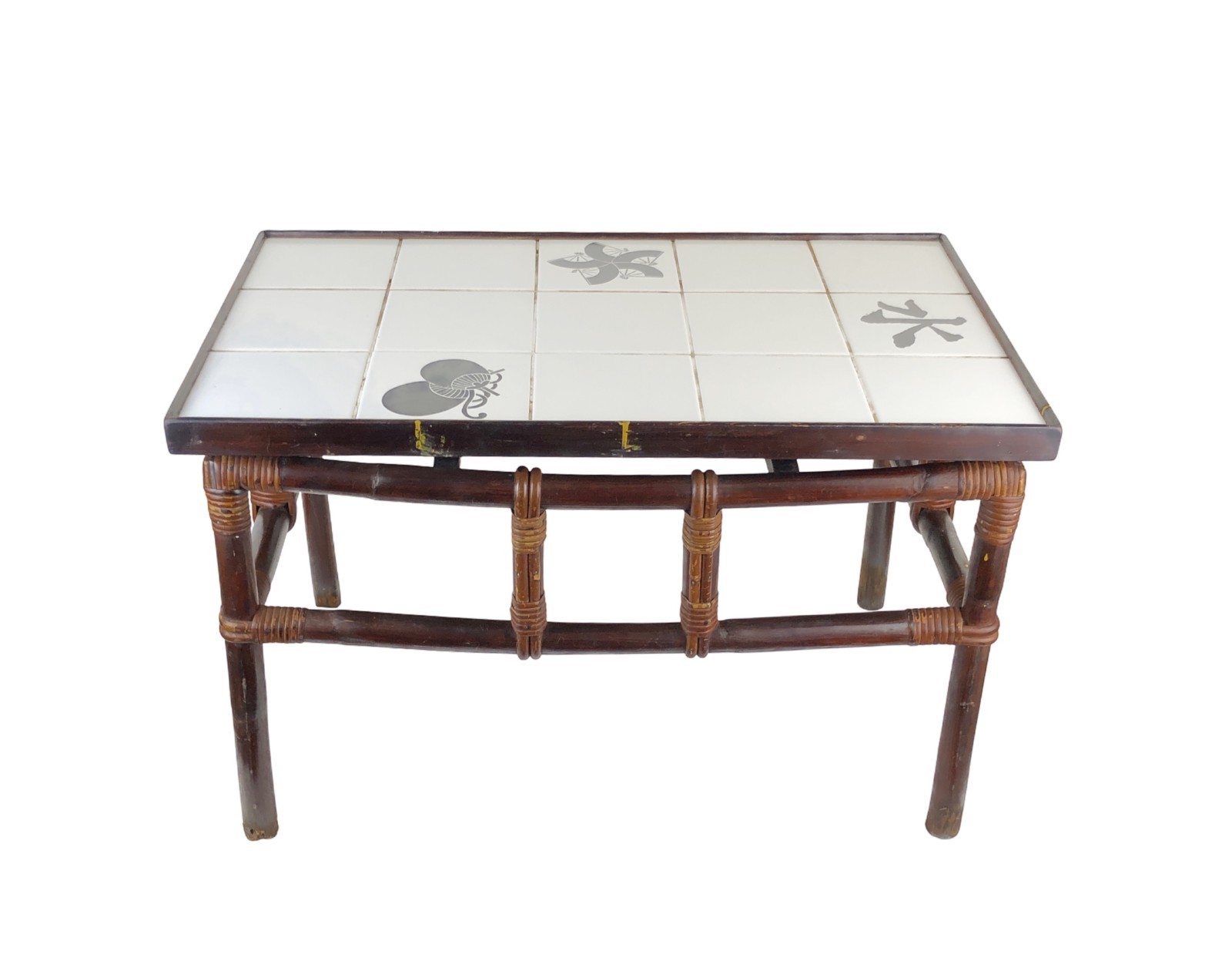 John Wisner for Ficks Reed Asian Modern Side Table White Decorated Tile Top