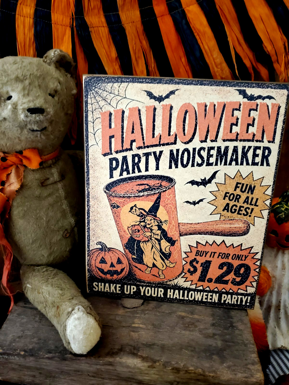 TIN PARTY NOISEMAKER OLD PRIMITIVE RETRO VINTAGE STYLE HALLOWEEN STORE AD SIGN