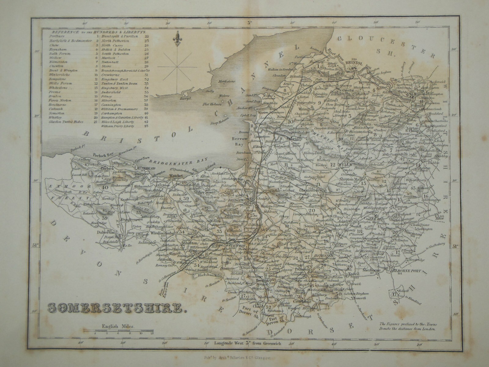 Original Antiquarian SOMERSETSHIRE Map (c1850) Somerset, Fullarton South England