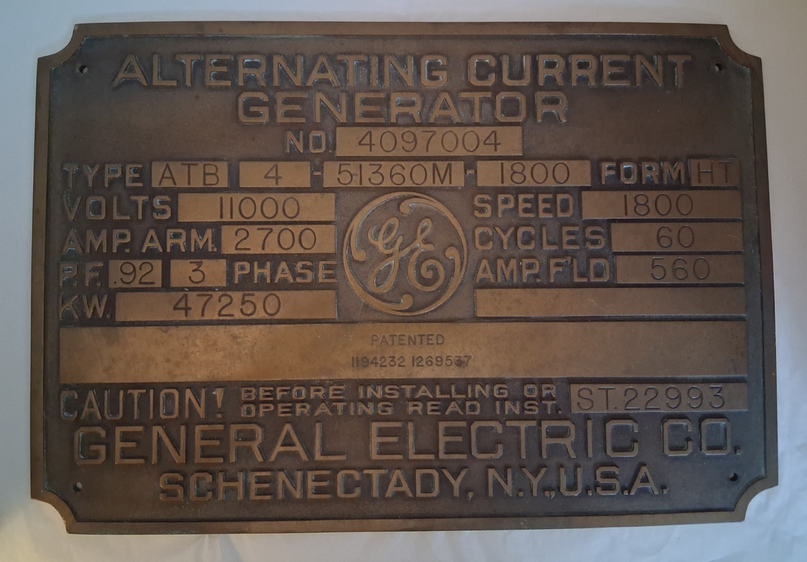 Alternating Current Generator General Electric Co Heavy Brass Plaque/Sign – Rare