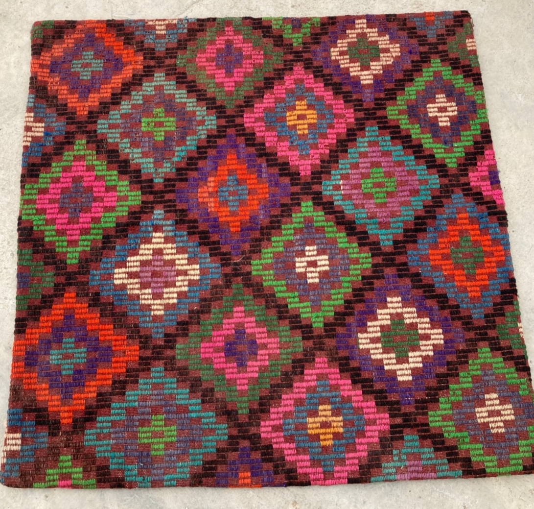 Vintage Traditional Handmade Geometric Turkish Wool Kilim Cushion Rug 98x98cm