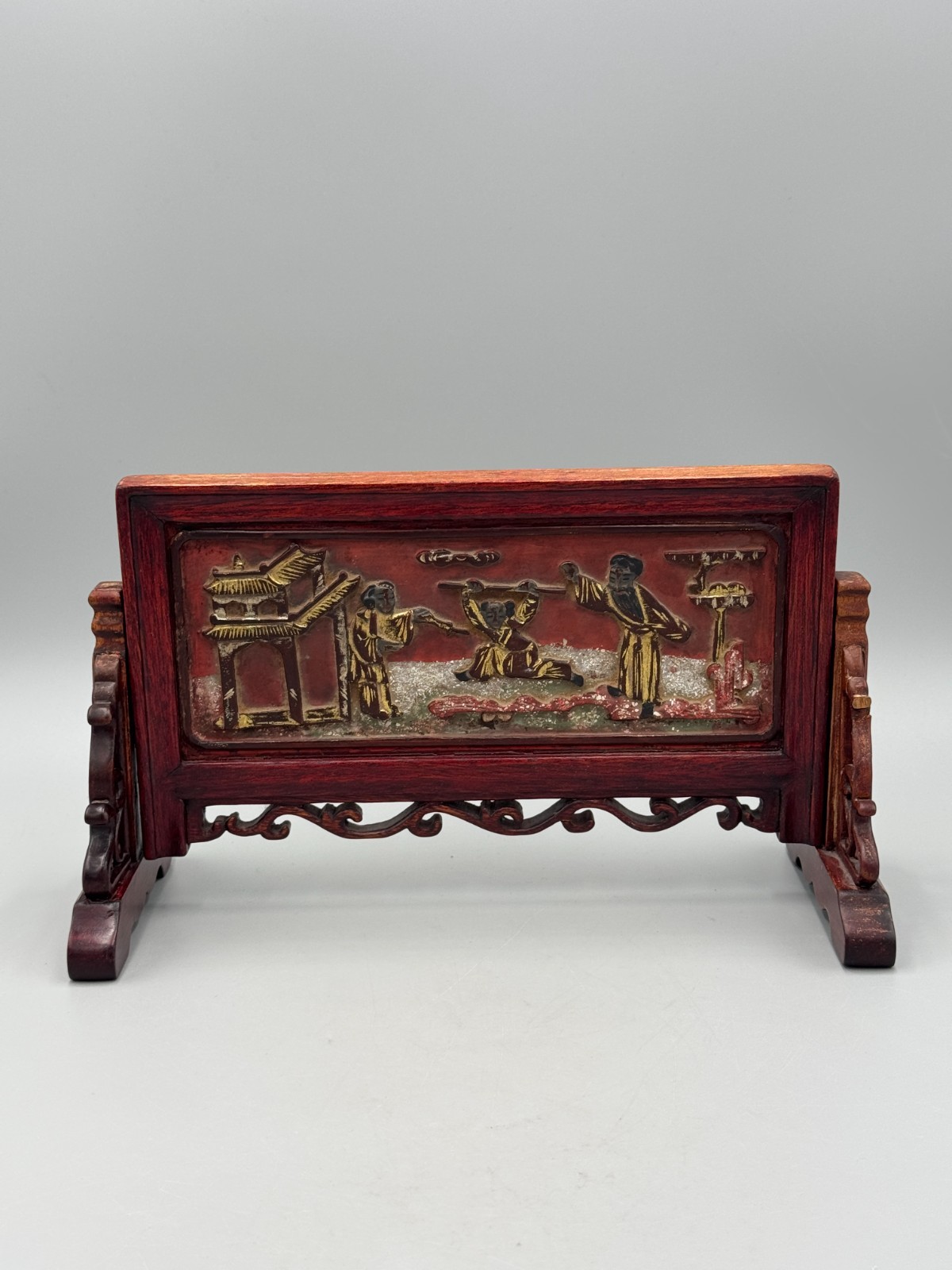 Antique 19th c. Chinese Wood Table Screen, Figural Story, Scholar’s Yanping