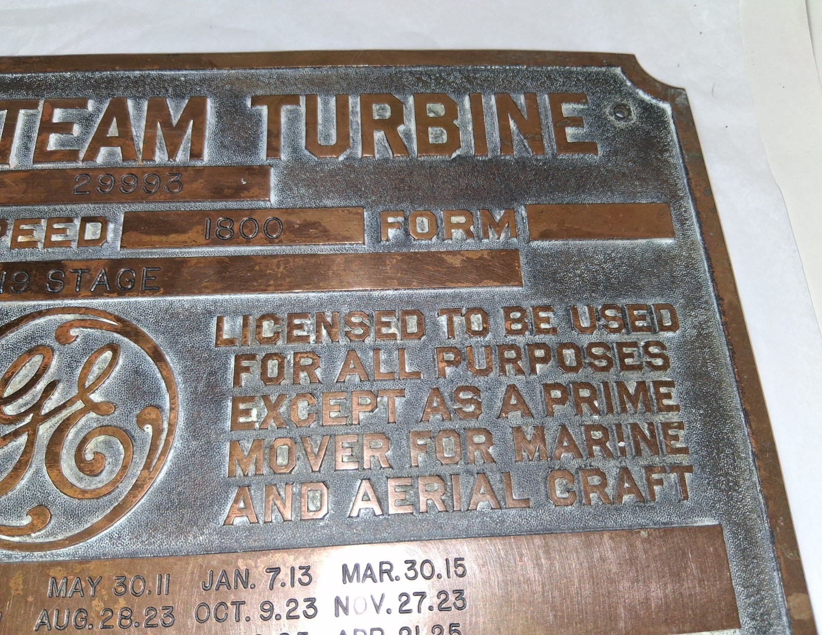 Curtis Steam Turbine General Electric Co Heavy Brass Plaque/Sign – Vintage Rare