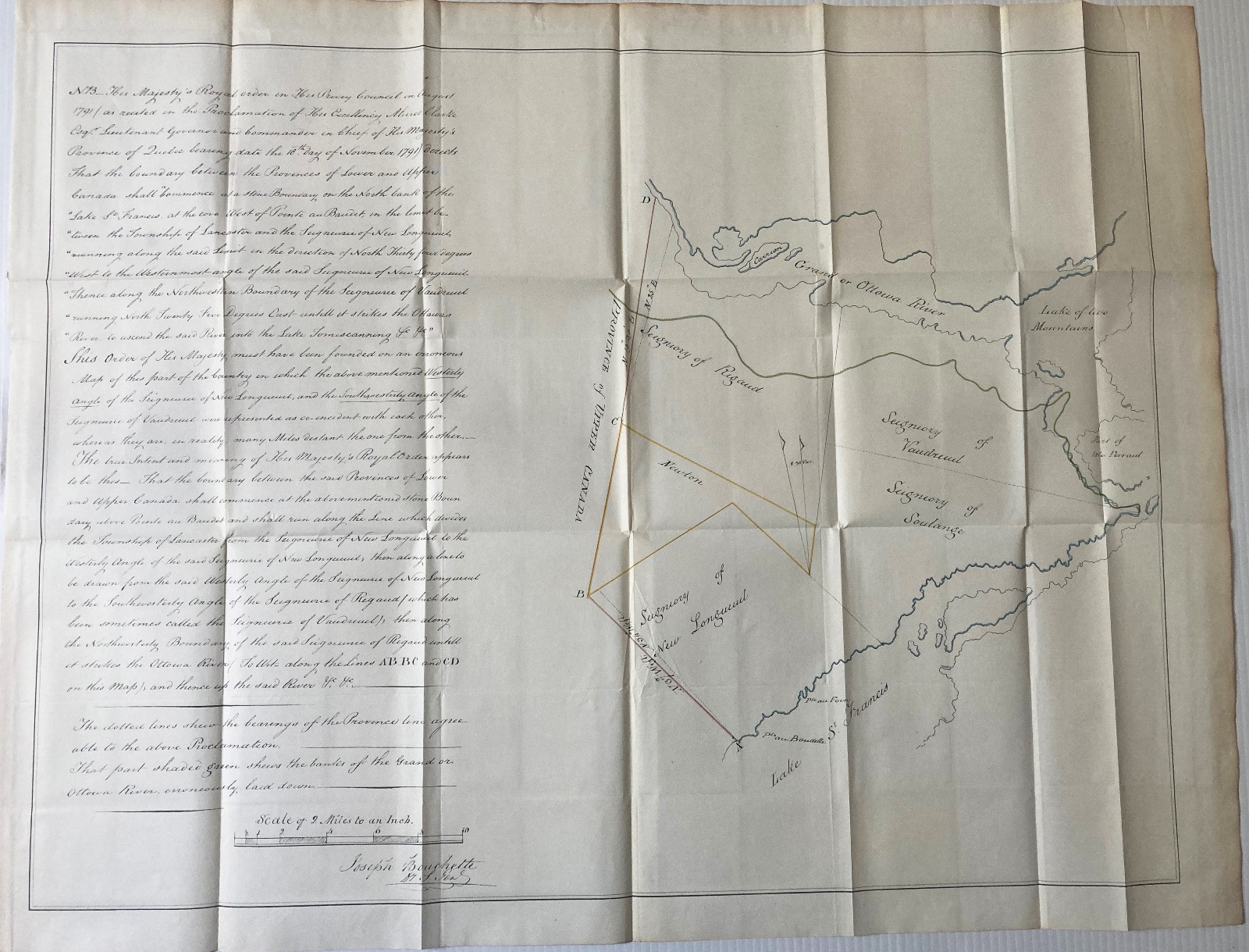 Ancient map facsimile Nov.18 1791 boundaries Upper lower Canada Bouchette