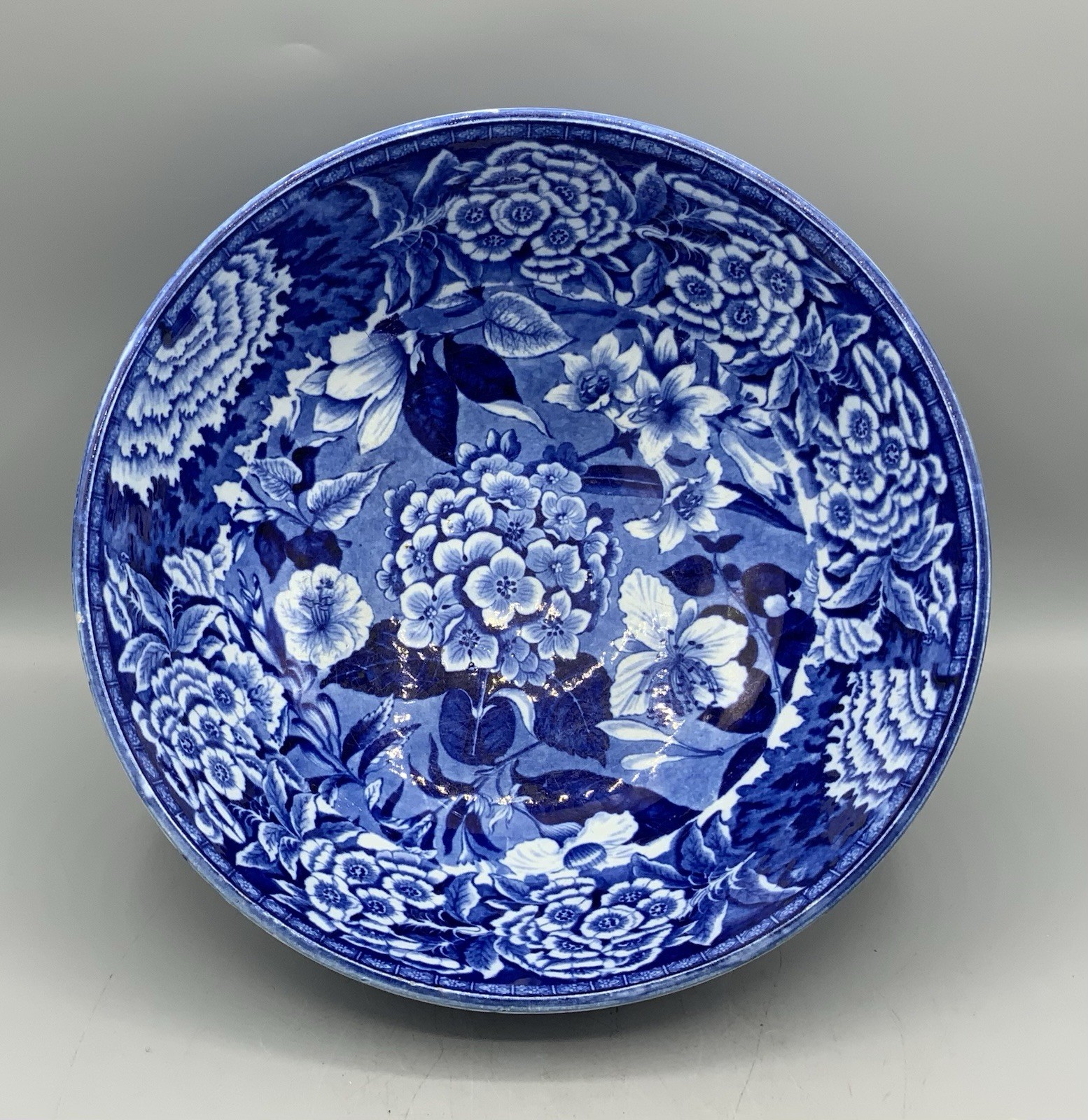 Antique Staffordshire pearlware BOTANICAL blue transfer printed Bowl c1820