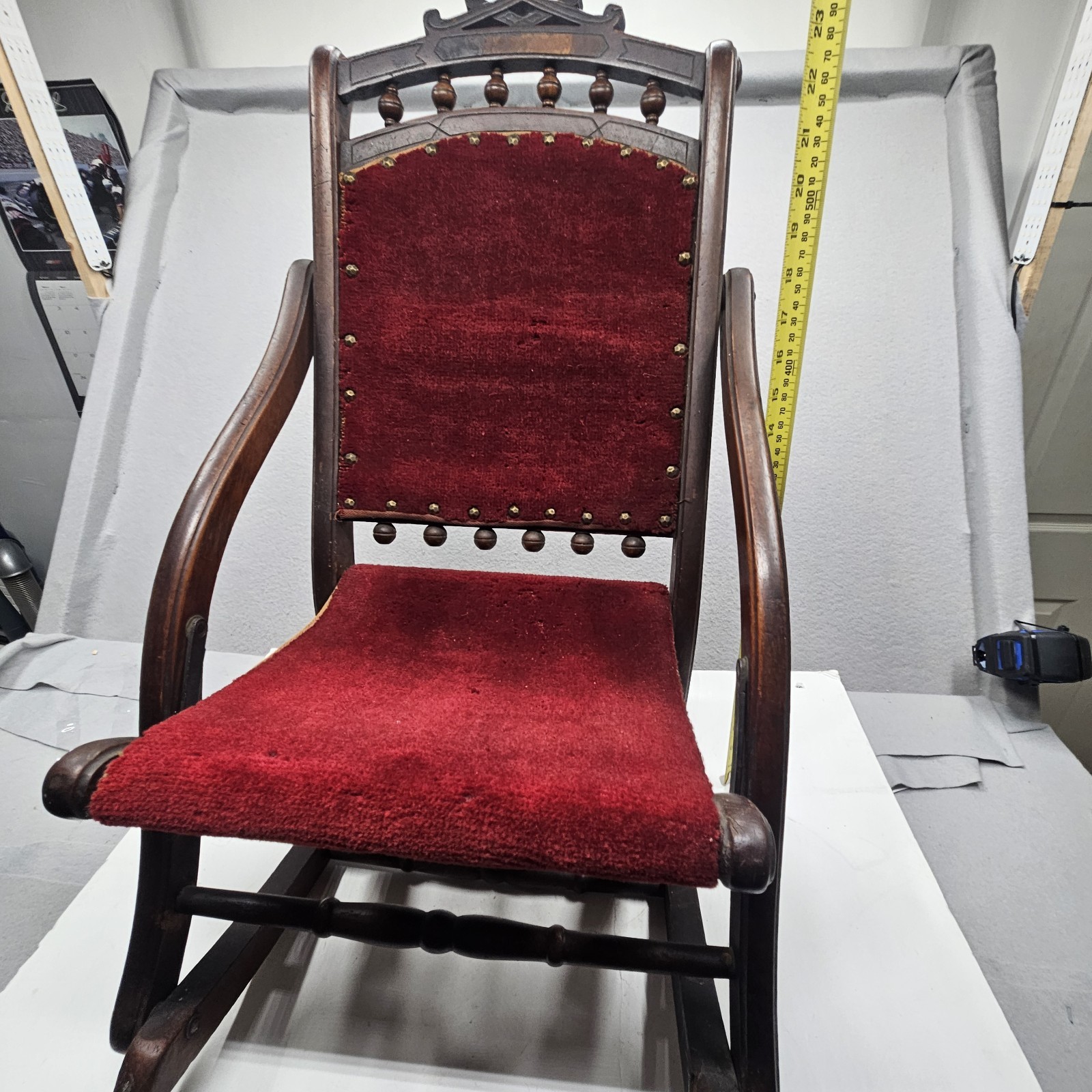 Antique E.W. Vaill Child Folding Rocking Chair Red Upholstered Wood 26″