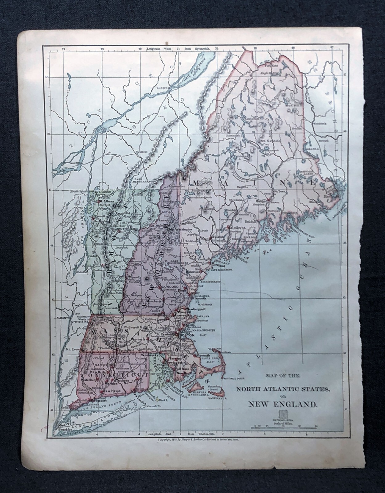 1884 New England States USA Harper and Brothers Copyright 1875 Map Ephemera