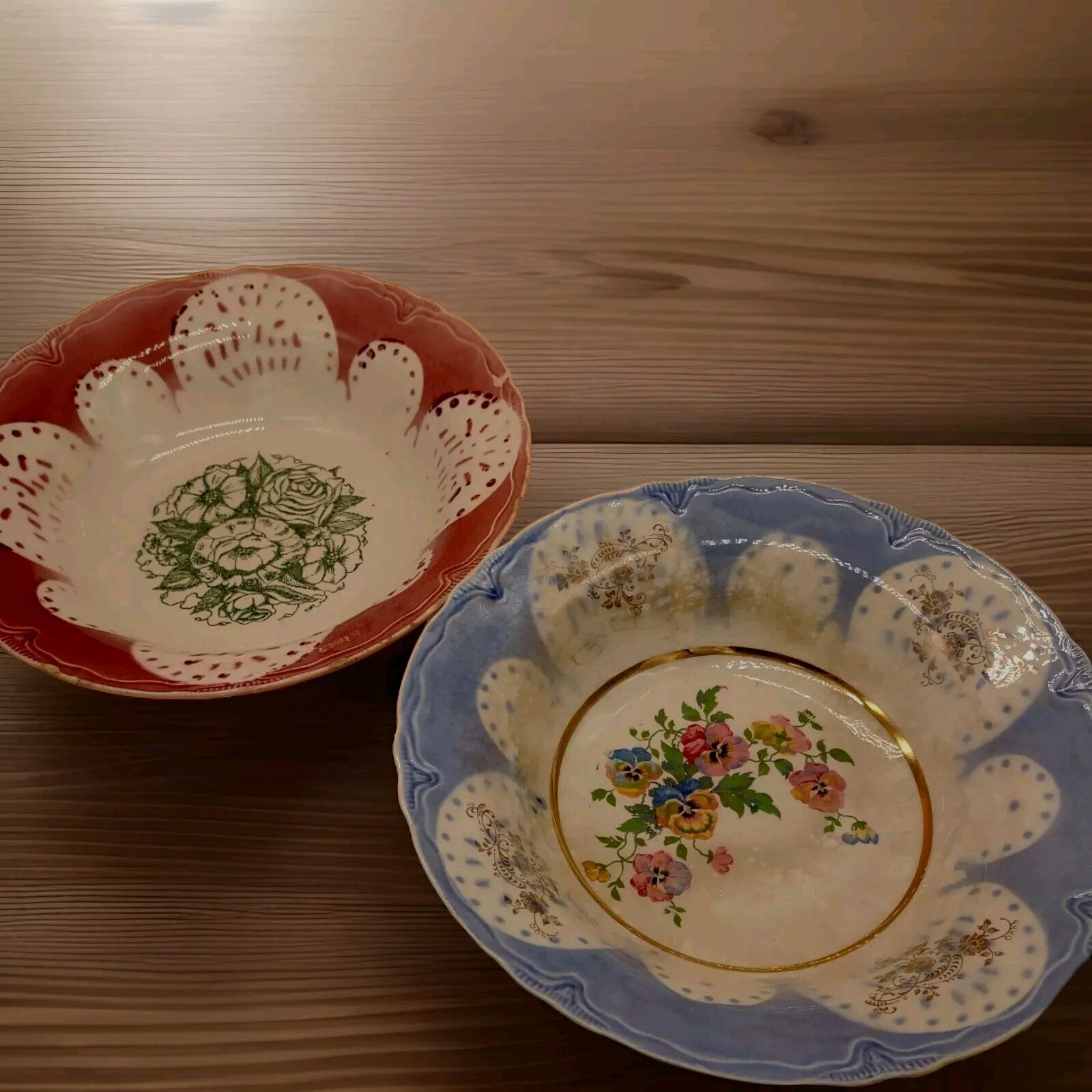 2 Serving Bowls Antique Victorian Ceramic Stencil Glaze Edge Floral blue red 10″