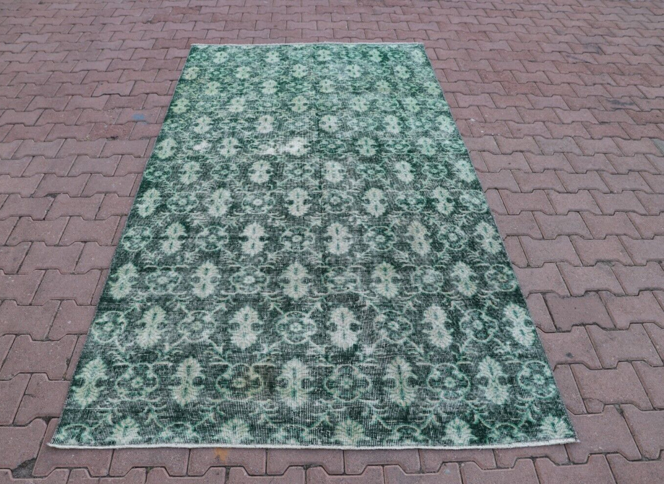 Green Handmade Vintage Carpet Anatolian Sparta Ethnic Wool Floral Area Rug 5x8ft
