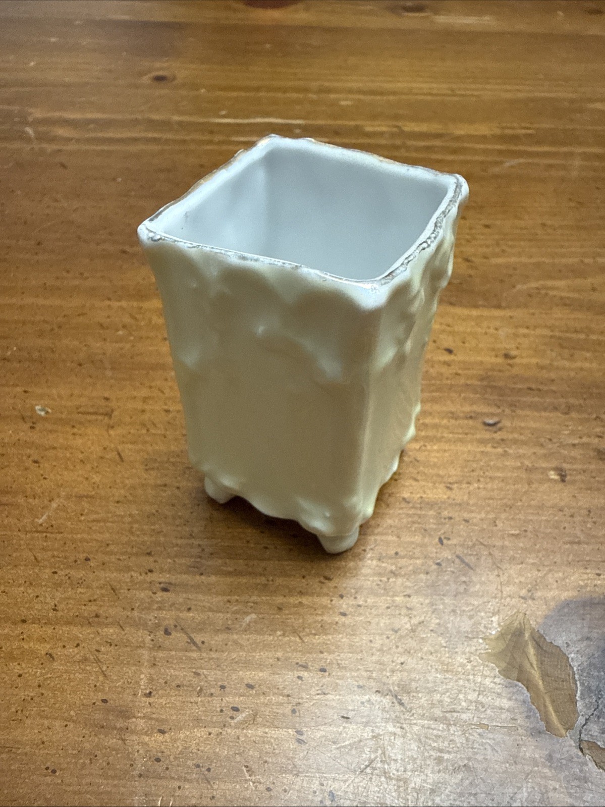 Antique Milk Glass Toothpick Holder Pale Yellow Victorian 1800s Scrolls