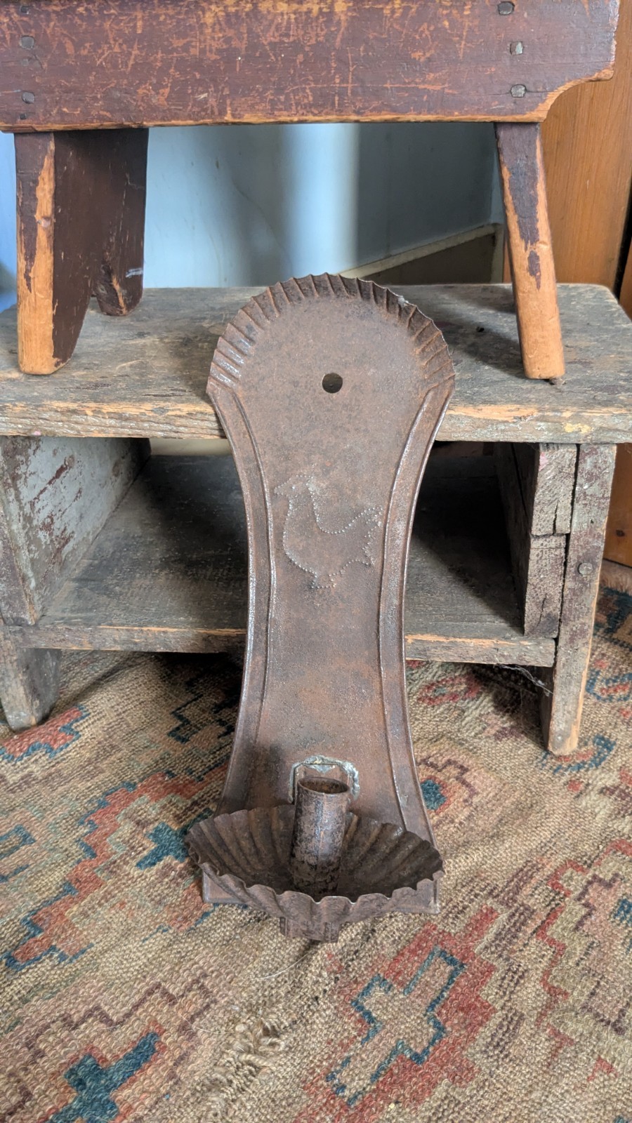 Antique Early Primitive Metal Punched Bird Tin Sconce Candleholder 13″