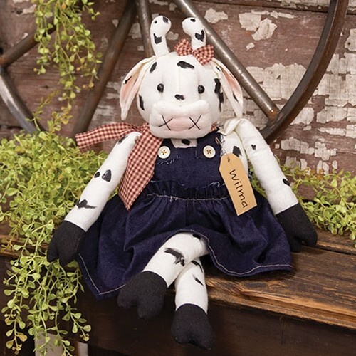 NEW Primitive COW DOLL WILMA Farmhouse Rustic Country 19″Hx9″Wx4″D Black White