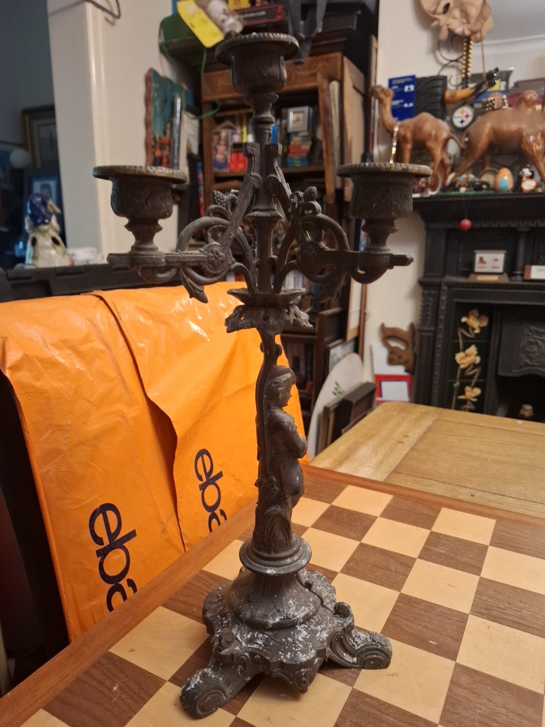 2 Antique Victorian French 271 LSF Spelter 3 Arm Candelabras Male Female Figures