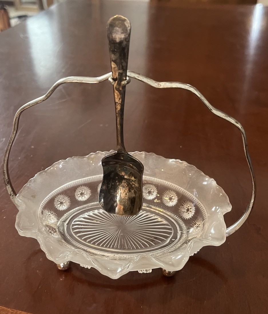Vintage 1930s English Davidson Glass Jam Sugar Basket Ruffled Silverplate Spoon