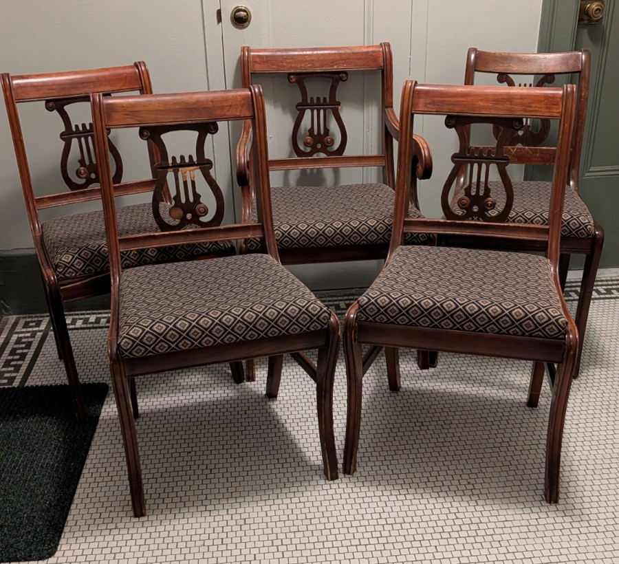 5 Vtg Dining Chairs Duncan Phyfe Harp Mahogany (could Use Refinish/Restoration)