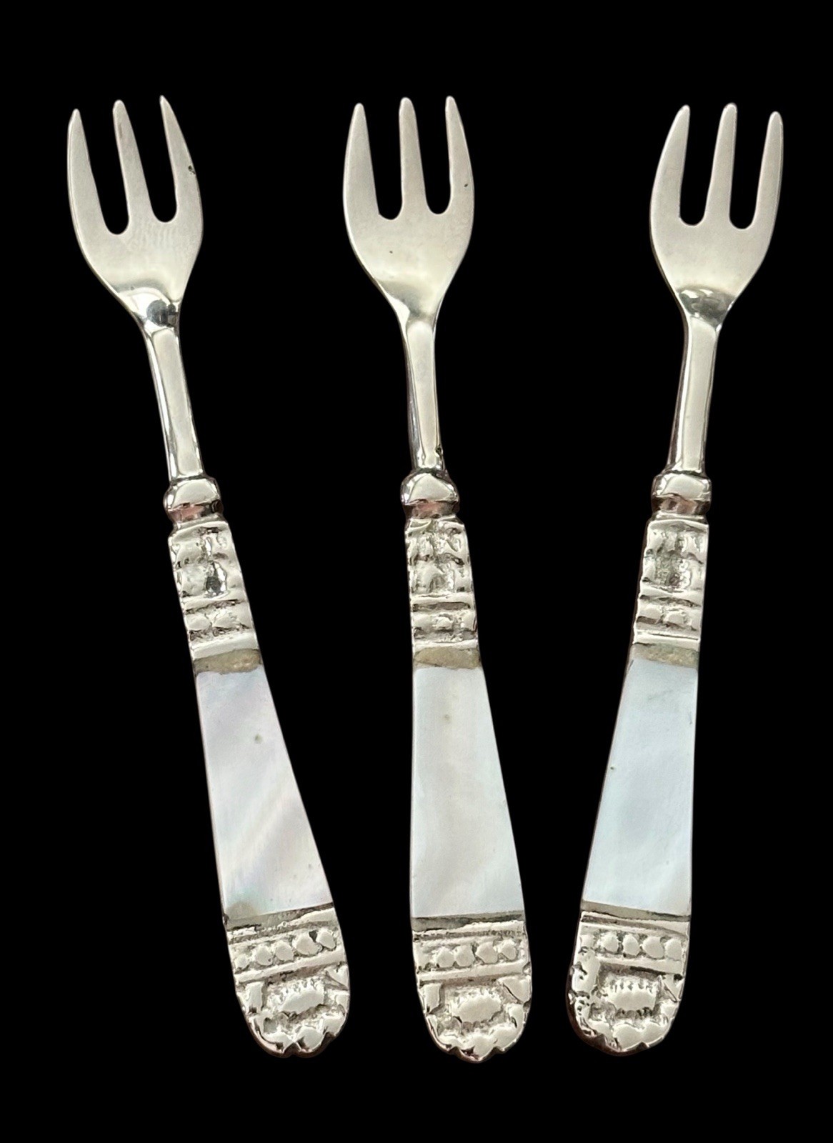 Set of 3 Silver Plated Mother-of-Pearl Handled Cocktail Olive Pickle Forks 3.75”